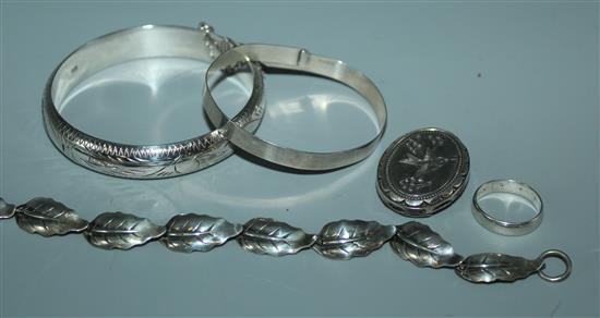 Nils Erik From, Denmark, silver leaf bracelet, 2 silver bangles, 19C ring and a brooch